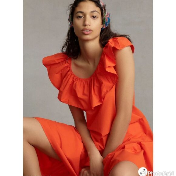 NEW WHIT TWO Anthropologie Flouncy Ruffle Midi Dress Orange XS Petite - Picture 4 of 15